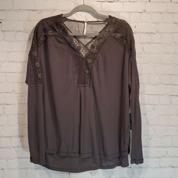 Free People Lola long sleeve lace top in washed black NWT - Picture 1 of 12